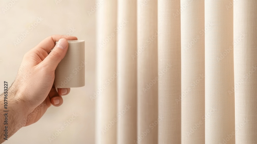 Poster stylish curtain storage solution with hidden compartment for organizing and aesthetic appeal in mode