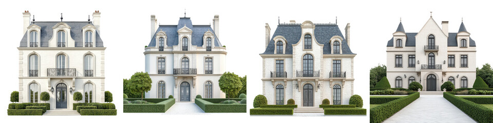 Obraz premium Magnificent French Style Chateau with Ornate Architectural Details and Lush Landscaped Gardens Impressive exterior of an elegant and historic mansion set in a beautifully manicured estate