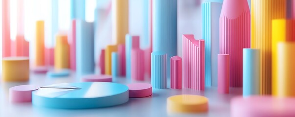 Pastelcolored 3D graphs and pie charts, illustrating dynamic data visualization with soft, playful shadows on a white surface, showcasing modern data trends