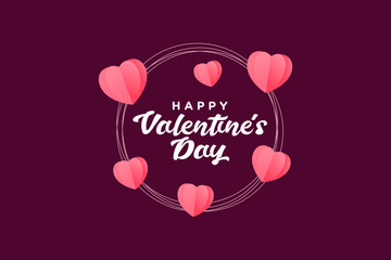 Happy Valentine's day typography poster background. Beautiful paper cut pink heart on maroon background. Romantic Background Theme, Banner for Valentine's Day