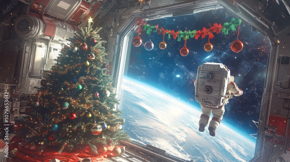 Poster an astronaut floats outside a spacecraft, adding decorations to a christmas tree set up inside. colo