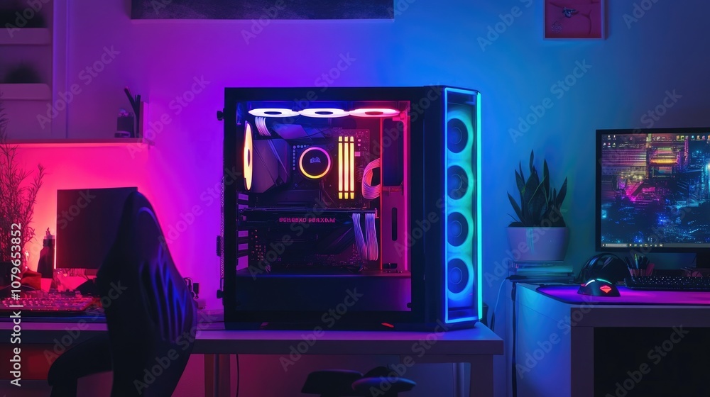Poster rgb-illuminated gaming setup with a custom pc