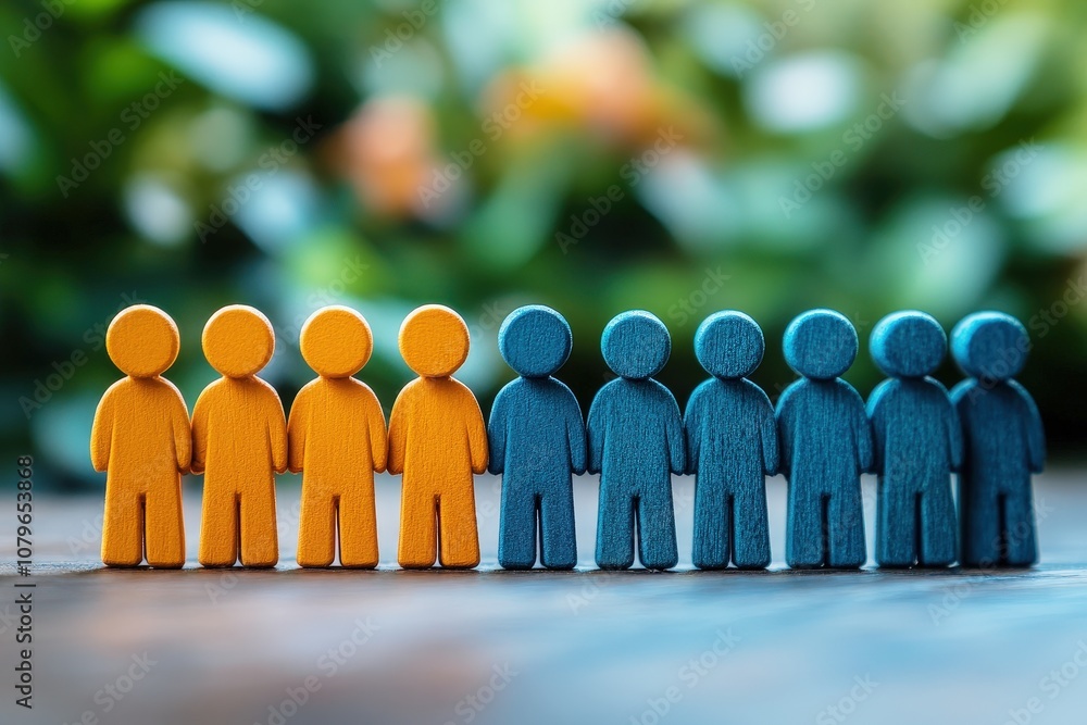 Poster group of colorful wooden figurines representing diversity and inclusion in a concept of teamwork and
