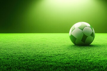 Fototapeta premium A single soccer ball sits on a green field under a spotlight.