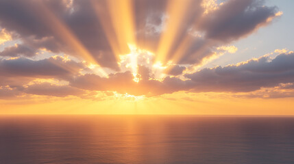 A breathtaking sunset over the ocean with golden rays of light piercing through the clouds.