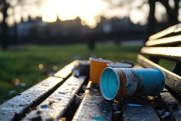 Littered Park Bench at Dawn with Soft Morning Light