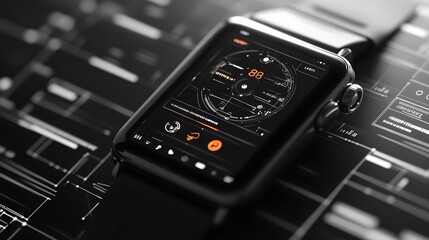 Obraz premium A sleek and futuristic smartwatch interface design with clean lines, minimalistic icons, and a monochrome color palette for a high-tech aesthetic.