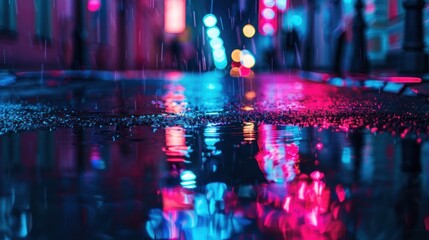 Reflection of neon light in puddles and water on Abstract night background, AI generated image