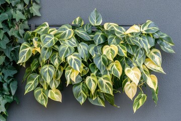 Lush Green Leaves with Yellow Highlights on Gray Wall