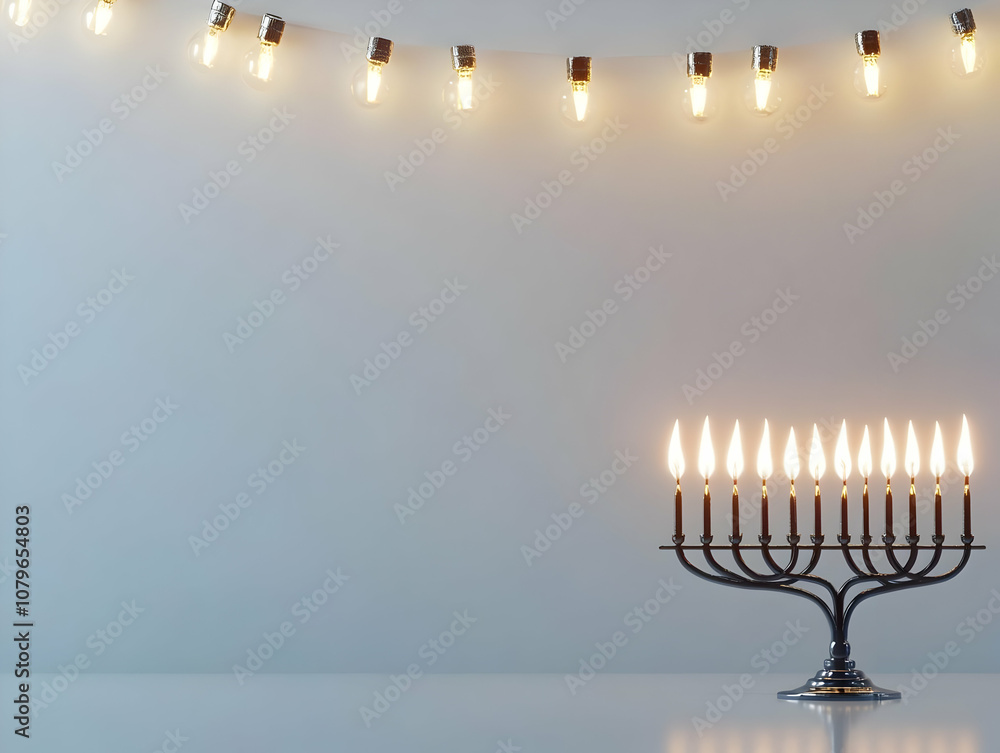 Aufkleber a menorah with lit candles beside string lights on a simple background.