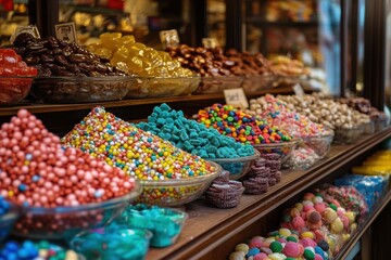 A colorful display of candy in a shop.
