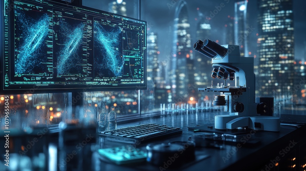 Poster modern laboratory with a microscope and digital displays.