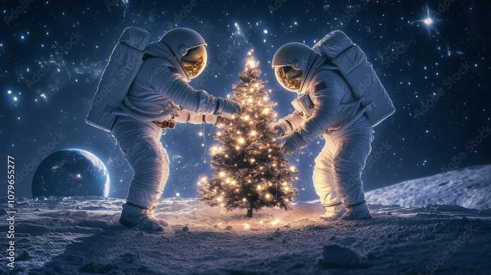 Aufkleber two astronauts in space suits are joyfully decorating a brightly lit christmas tree on the moon's su