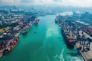 Obraz premium An aerial view of a major port city with cargo ships, cranes, and containers, illustrating international trade, economic globalization, and the movement of goods on a large scale.