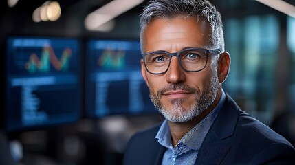 Fototapeta premium Confident and intelligent looking mature businessman wearing a suit and glasses gazing thoughtfully at the with a serious expression in an indoor office or corporate environment
