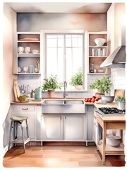 Cozy Kitchen Watercolor Art Simplicity Life