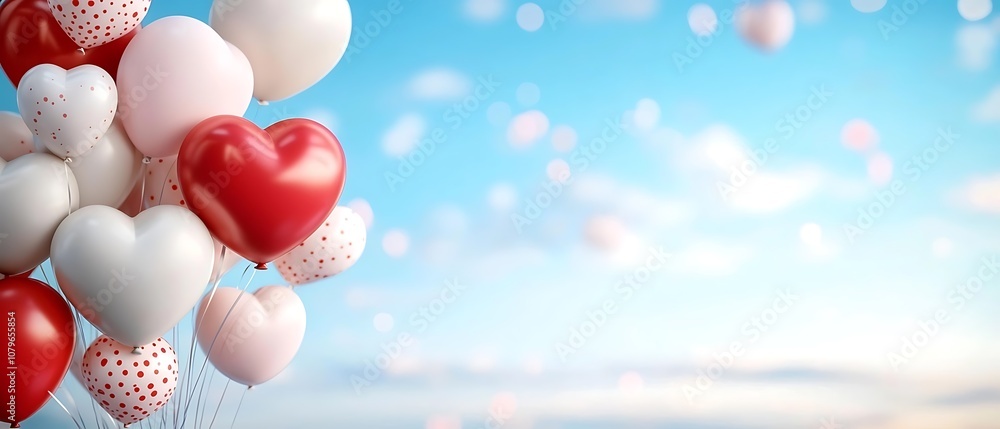 Aufkleber romantic heart shaped balloons in shades of red white and pink floating against a blurry out of focu