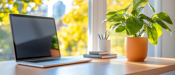 Cozy and productive laptop office setup with green potted plant decor and warm sunlight streaming through the window creating a comfortable and inviting workspace