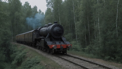 Fototapeta premium Vintage steam train traveling on tracks through the forest