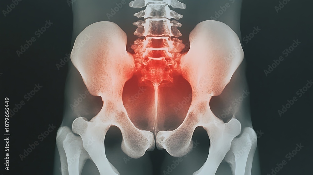 Poster closeup view of a detailed x ray image showing the glowing skeleton with a highlighted area indicati