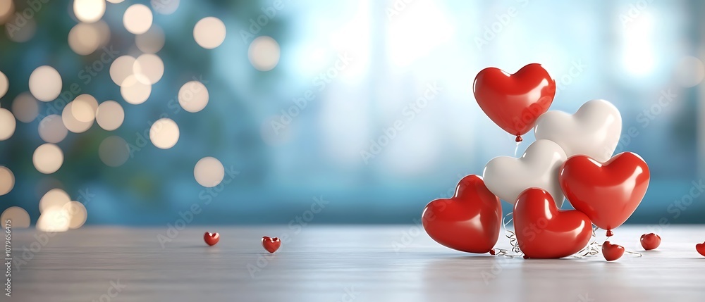 Poster elegant red heart shaped balloons floating against a blurred background with sparkling bokeh lights 