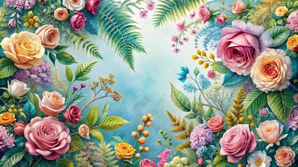 Naklejka premium Floral Symphony A Vibrant Tapestry of Roses, Ferns, and Delicate Blooms Against a Soft Blue Sky