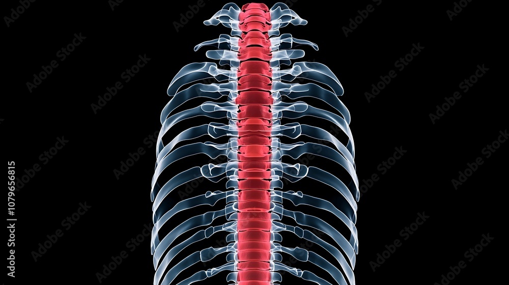 Poster detailed 3d of transparent human skeleton anatomy with highlighted spine showing the complex structu