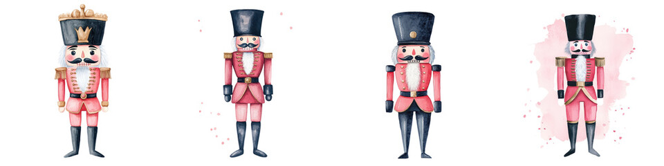 Fototapeta premium Vibrant watercolor depicting a traditional Nutcracker soldier figure dressed in a red uniform with gold accents wearing a tall black hat