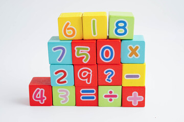 Number wood block cubes for learning Mathematic, education math.