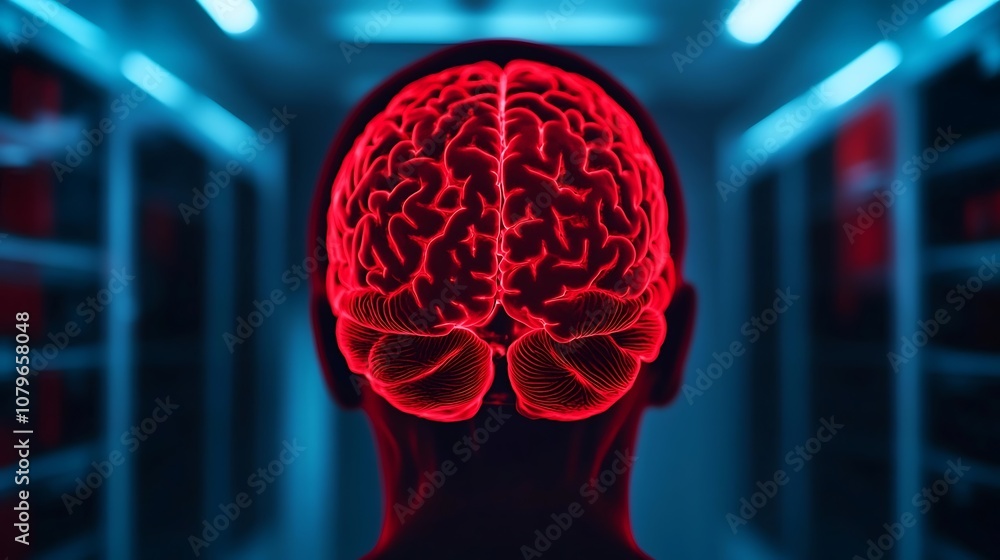 Poster detailed 3d rendering of a vibrant red glowing digital brain scan or model representing the human an