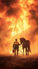 Fototapeta premium Firefighter and Horse Facing Blaze.