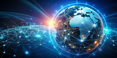 A glowing globe surrounded by a complex web of interconnected lines, representing the interconnectedness of the world and the digital age.
