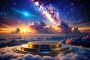 Aerial View of a Majestic Podium Under the Starry Night Sky with Driftwood Clouds Enhancing the Enchanting Atmosphere of a Celestial Landscape