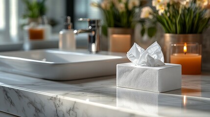 Display a clean white tissue box placed on a clean bathroom sink, surrounded by modern facilities and sparkling tiles that reflect soft natural light, creating a fresh and clean atmosphere.