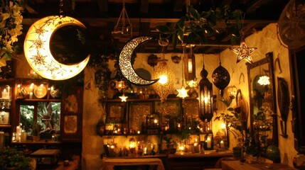 Obraz premium Cozy Decor with Moons and Stars in Ambient Lighting