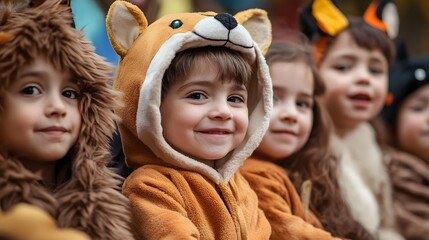 Smiling children, dressed in animal costumes