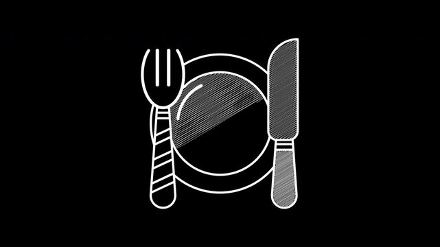 White line spoon and knife  icon  isolated on black background. Motion graphic animation in 4k.