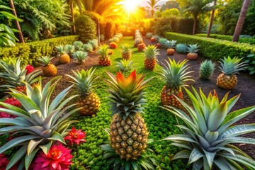 Aerial View of Pineapple Cultivation in a Family Garden, Showcasing Lush Green Foliage and Ripe Fruit, Ideal for Home Gardening Enthusiasts and Sustainable Agriculture Lovers