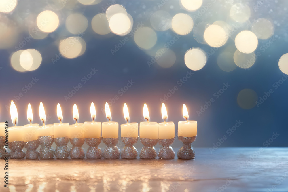 Poster a row of lit candles with a soft bokeh background, creating a warm and festive atmosphere.