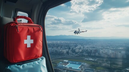 Medical Helicopter Flight Over City.