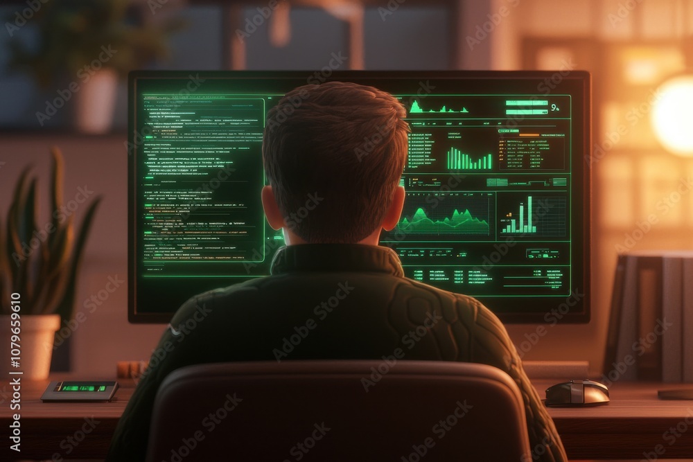 Poster economic growth and climate change concept. a person monitors data and analytics on a glowing green 