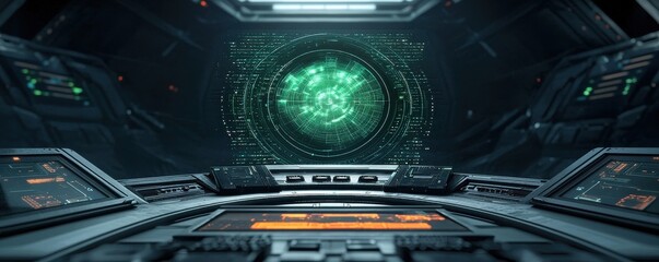 Fototapeta premium Economic Growth and Climate Change concept. A futuristic spacecraft cockpit with high-tech displays and a green glowing portal, suggesting space travel or advanced technology.
