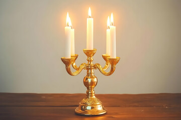 A golden candelabra holding four lit candles, creating a warm and inviting atmosphere.