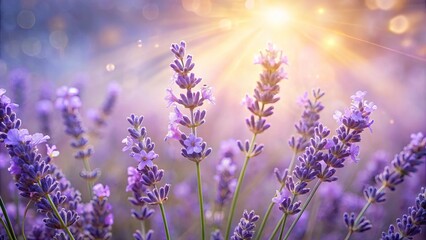Naklejka premium A close-up view of vibrant purple lavender flowers bathed in warm sunlight, the delicate petals shimmering with a soft glow.