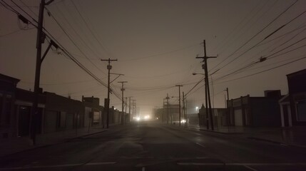 Dark, empty urban street at night with faint city lights through fog, streetlights off, occasional distant car alarm, eerie atmosphere highlighting sudden power loss in bustling city.	