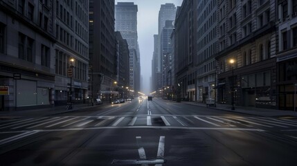 Fototapeta premium Dark, empty urban street at night with faint city lights through fog, streetlights off, occasional distant car alarm, eerie atmosphere highlighting sudden power loss in bustling city. 