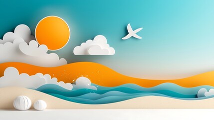 Stunning minimalist papercraft landscape scene depicting a tranquil mountainous horizon with a vibrant sun and fluffy clouds against a serene sky and a graceful bird soaring overhead