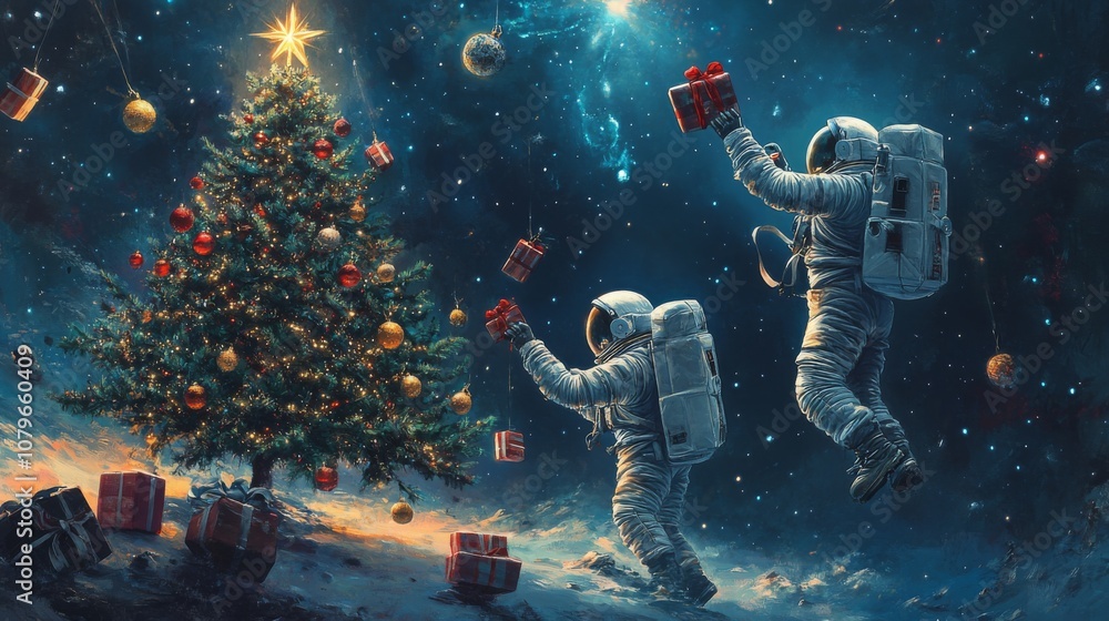 Poster two astronauts joyfully float in space, holding colorful gifts while a beautifully adorned christmas