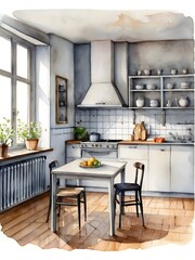 Cozy Kitchen Watercolor Art Simplicity Life