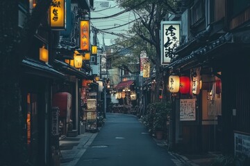 A narrow, cobblestone street in Japan lined with traditional shops and restaurants, illuminated by lanterns.